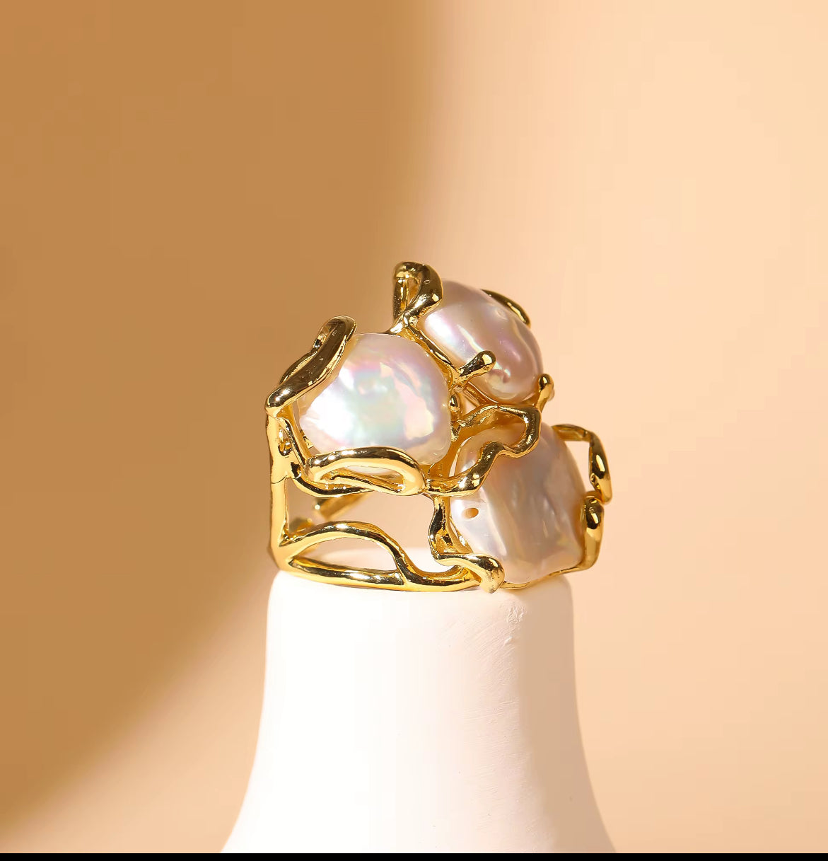 18K Gold-Plated Pearl Ring | Adjustable Statement Jewelry