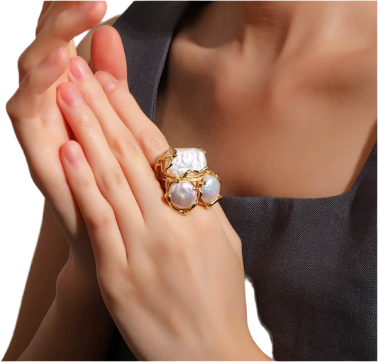 18K Gold-Plated Pearl Ring | Adjustable Statement Jewelry