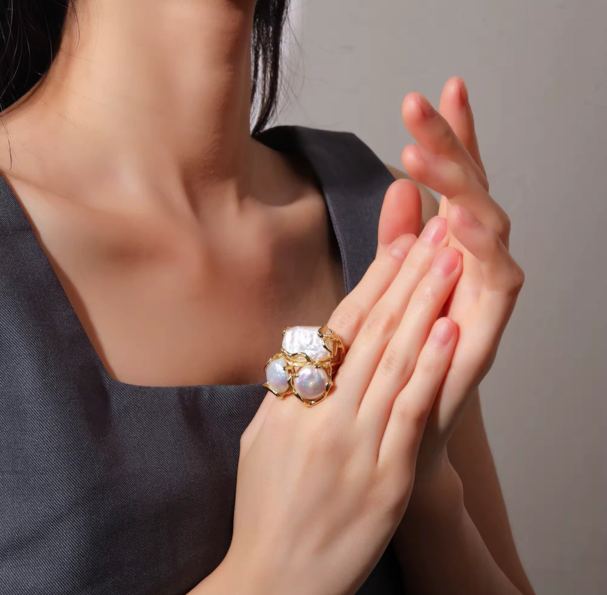 18K Gold-Plated Pearl Ring | Adjustable Statement Jewelry