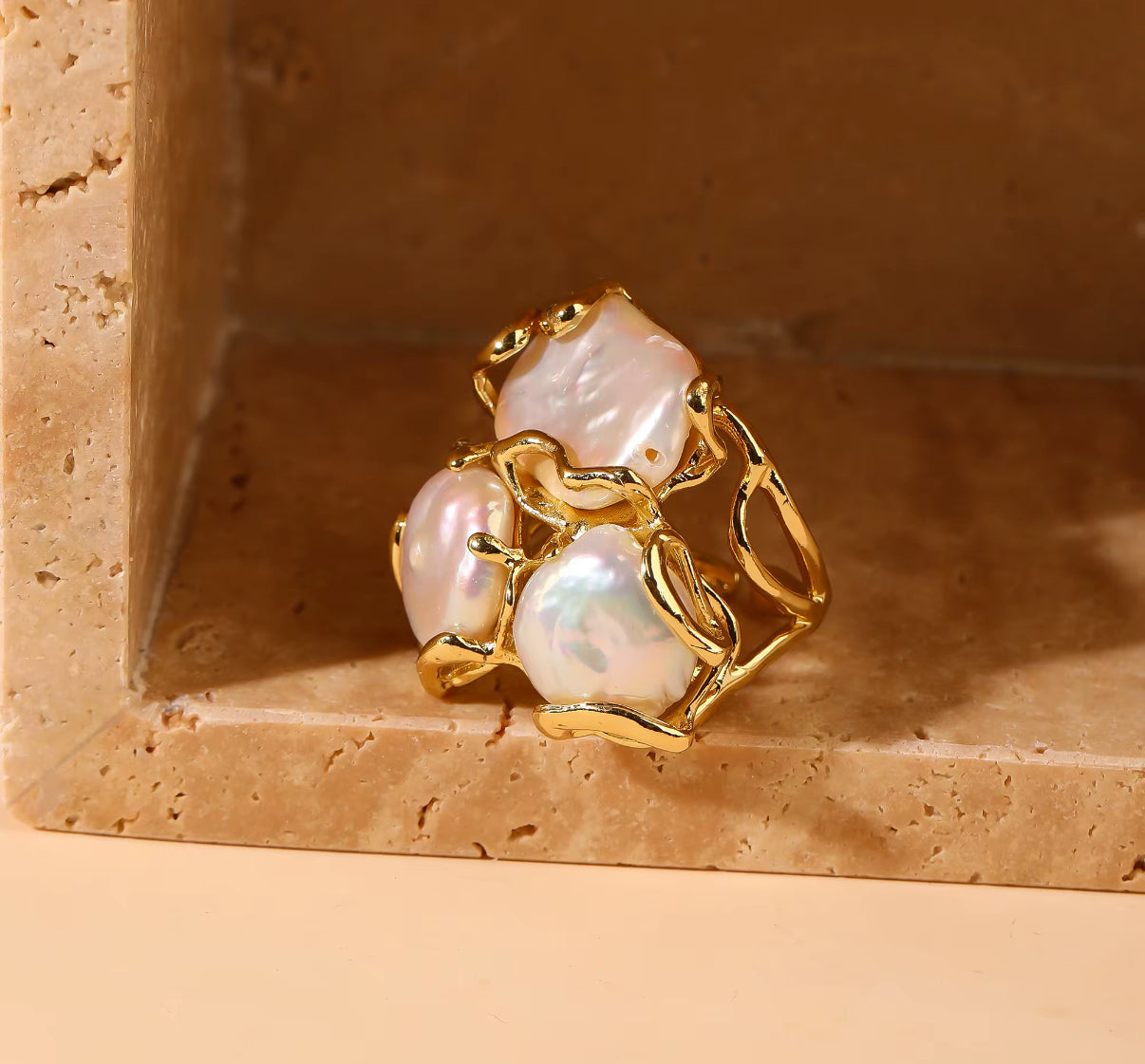 18K Gold-Plated Pearl Ring | Adjustable Statement Jewelry